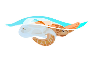 Turtle trapped in plastic garbage flat concept icon. Sea water pollution problem. Marine animal and waste in ocean sticker, clipart. Isolated cartoon illustration on white background