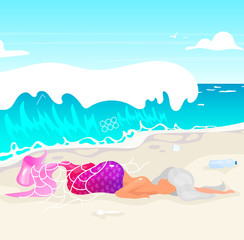 Fototapeta na wymiar Mermaid trapped in fishnet flat vector illustration. Plastic pollution, ocean contamination problem. Nature damage. Ecological catastrophe. Dead fantasy creature on beach cartoon character