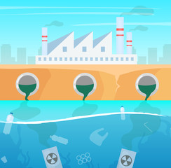 Naklejka premium Water and air pollution flat vector illustration. Manufacture industry nature damage. Ecological catastrophe. Plastic garbage in ocean. Sea contamination. Industrial factory toxic pollutions