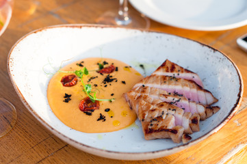 Grilled Tuna Steak with Pumpkin Puree as Side Dish