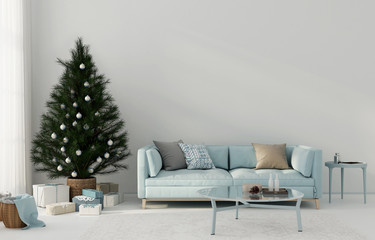 Festive blue living room interior with christmas tree