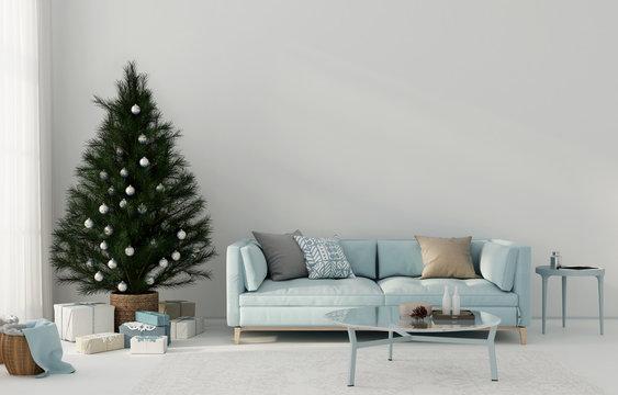 Festive Blue Living Room Interior With Christmas Tree