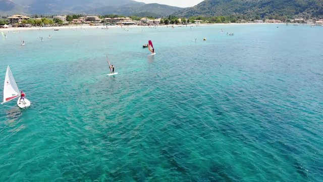 AERIAL Quick drone flight over Vasiliki bay windsurfers in Lefkas Greece