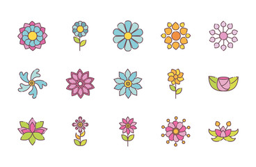 flower nature decoration icons set flat style