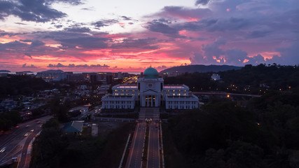 Aerial image of new Court Complex building of Kota Kinabalu, Sabah during twilight sunset