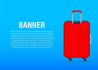 Red glossy suitcase with wheels. Travel banner concept. Vector stock illustration.