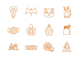 happy halloween celebration icons set color line