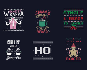 Funny Christmas graphic prints set, t shirt designs for ugly sweater xmas party. Holiday decor with jingle bells, snowman, gingerbread texts and ornaments. Fun typography. Stock background
