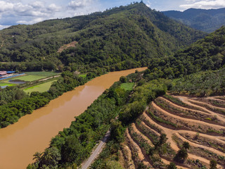 Beautiful Rural landscape scene with clear blue sky at small town TENOM, SABAH, MALAYSIA