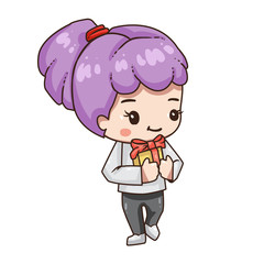 Vector illustration of cute chibi character isolated on white background. Cartoon girl girl with gift box.