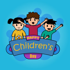 World Children's Day. three children standing in a row, there are very many writings and circles behind them that are blue
