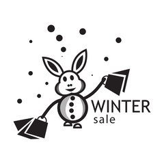 Winter sale vector background. Happy rabbit with snow