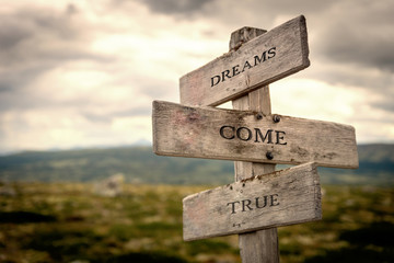Dreams come true wooden signpost outdoors in nature. Dreamy, true, fight, never give up, hold on, keep on moving concept.