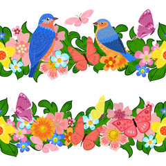 vintage collection of seamless leaf borders with cute birds and