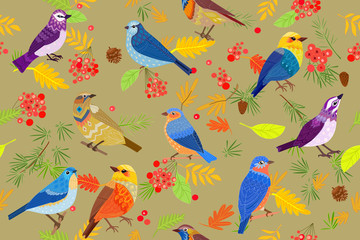 autumn seamless pattern with forest birds for your design