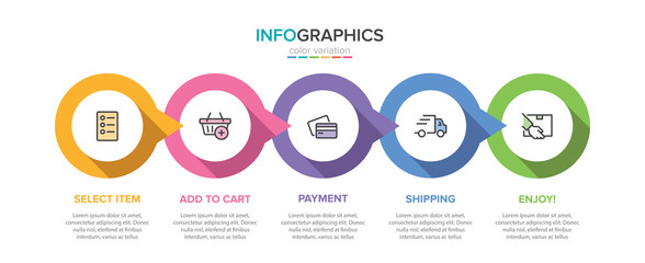 Concept of shopping process with 5 successive steps. Five colorful graphic elements. Timeline design for brochure, presentation, web site. Infographic design layout.