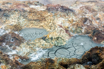 Cracks on muddy ground in geothermal area in icelandic nature. Power, geothermal, nature and outdoor concept.
