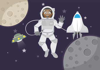 Fototapeta premium Cartoon character, African Boy tourism in Space.