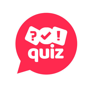 Quiz logo icon vector symbol, flat cartoon red bubble speech with question and check mark signs as competition game or interview logotype, poll or questionnaire modern creative horizontal image