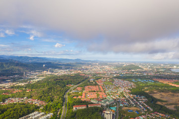 Aerial drone image of beautiful rural town local lifestyle houses residential of Menggatal Town,...