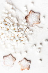 Fototapeta na wymiar White marshmallows and Christmas ginger cookies with sugar on a white background, top view, flat lay. Winter Christmas sweet food.
