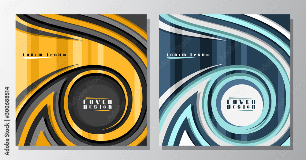 Wall mural vector square futuristic covers, 2 layouts with waves design elements on striped backdrop, abstract 