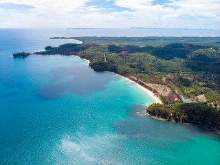 Amazing aerial image of Beautiful seascape scene of Kelambu Beach, Kudat, Sabah, Malaysia. (Image contain soft focus and blur and gain noise)