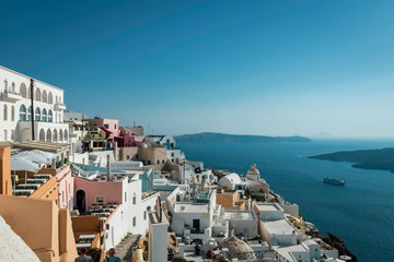 Sea view from the city of Fira in Santorini/Greece. Summer, holiday, cruise, architecture, travels, view, landscape, cityscape, building concept.