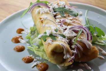 Delicious chicken burrito with salad, cheese, mayonnaise and ketchup on a white plate.
