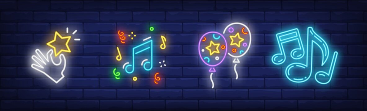 Festive party neon sign set with hand holding star, music notes and air balloons. Vector illustration in neon style, bright banner for topics like celebration, success, award