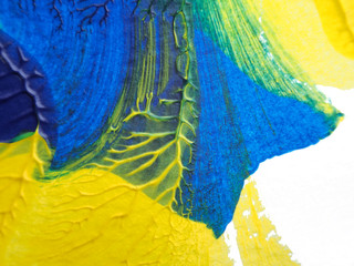 The blue, green and yellow acrylic painting with color texture on white paper background by using rorschach inkblot method.