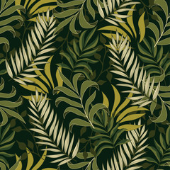 Botanical seamless tropical pattern with beautiful green leaves and plants on dark background. Trendy summer Hawaii print. Vintage pattern. Printing and textiles. 