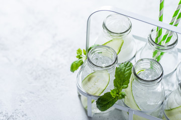 Cucumber and mint infused water on white background