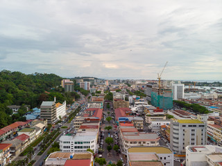 Kota Kinabalu cityscape aerial  photo with fisherman boat parking at Waterfront Kota Kinabalu. Kota Kinabalu is the capital of Malaysia’s Sabah state.