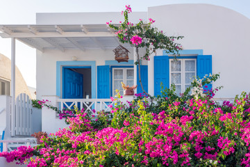 Fototapeta na wymiar Building in Santorini with blue details and purple flowers in the garden. Travel, house, building, sunny, summer, culture concept.