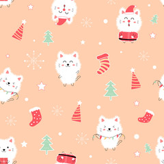 Merry Christmas seamless pattern cute cat doodle in pastel color.