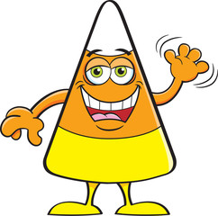 Cartoon illustration of a happy candy corn waving.