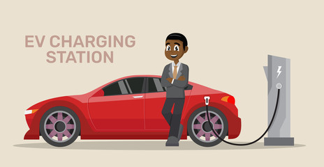 Cartoon character, African Businessman Electric car charging.