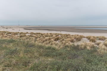  Dünenlandschaft am Strand mit Blick aufs Meer bei bewölkten Himmel