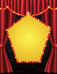 Background with retro banner on black and red curtain. Design for presentation, concert, show