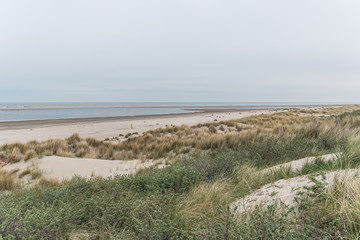  Dünenlandschaft am Strand mit Blick aufs Meer bei bewölkten Himmel
