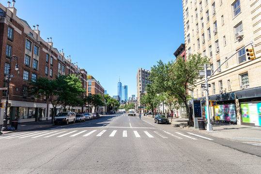 In The Streets Of South Manhattan, In The Distance The Most Famous Skyscrapers Of New York