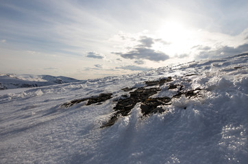 The top of the Dragobrat ridge in the Carpathians in the evening in April