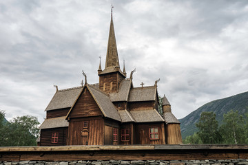 Stave church in Lom/Norway. Old, ancient, viking, wooden, building, landmark, norway, norge, northern, arctic concept.