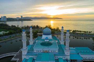 Aerial Drone image of beautiful mosque and the most famous tourist spot Likas Mosque(Masjid...