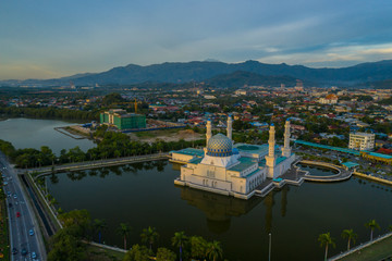 Aerial Drone image of beautiful mosque and the most famous tourist spot Likas Mosque(Masjid...