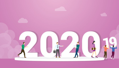 2020 new year change from 2019 with business man people standing with big words - vector