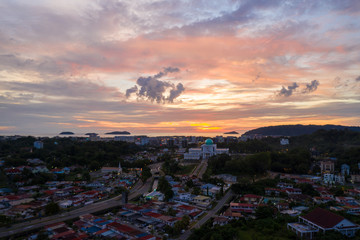 Kota Kinabalu, Sabah, Malaysia-September 28, 2019 : Aerial image of beautiful Kota Kinabalu City...