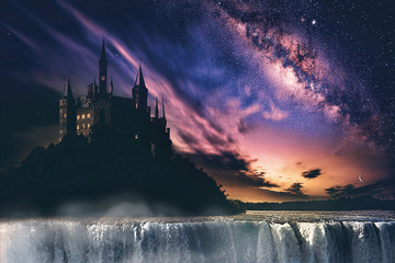 Abstract digital illustration of a castle in fantasy land - obrazy, fototapety, plakaty