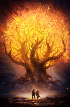 Unique illustration of a glowing fiery tree in an abstract fantasy land